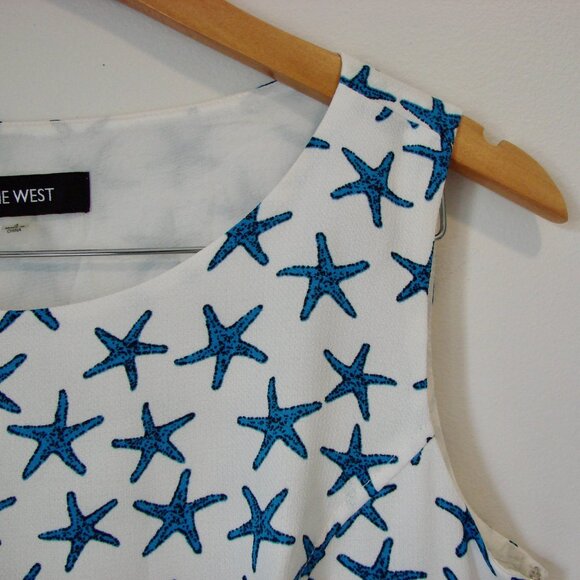 Shift Midi Dress Blue White Summer Starfish Sleeveless A-Line Office Nine West 4 - Picture 4 of 14